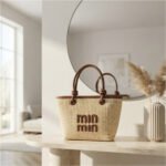 Natural Woven Logo Tote-Natural Straw with Brown Trim - Image 3