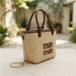 Natural Woven Logo Tote-Natural Straw with Brown Trim