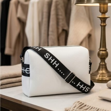 Sporty Monochrome Crossbody Bag-White with Black Strap