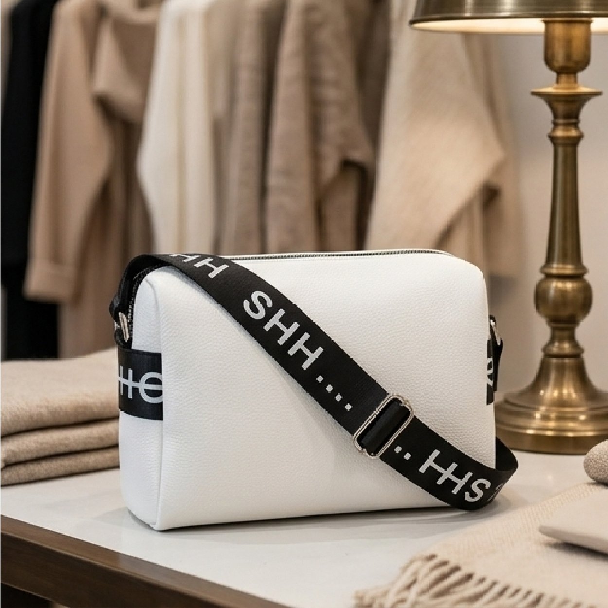 001-111 Sporty Monochrome Crossbody Bag-White with Black Strap - Image 1