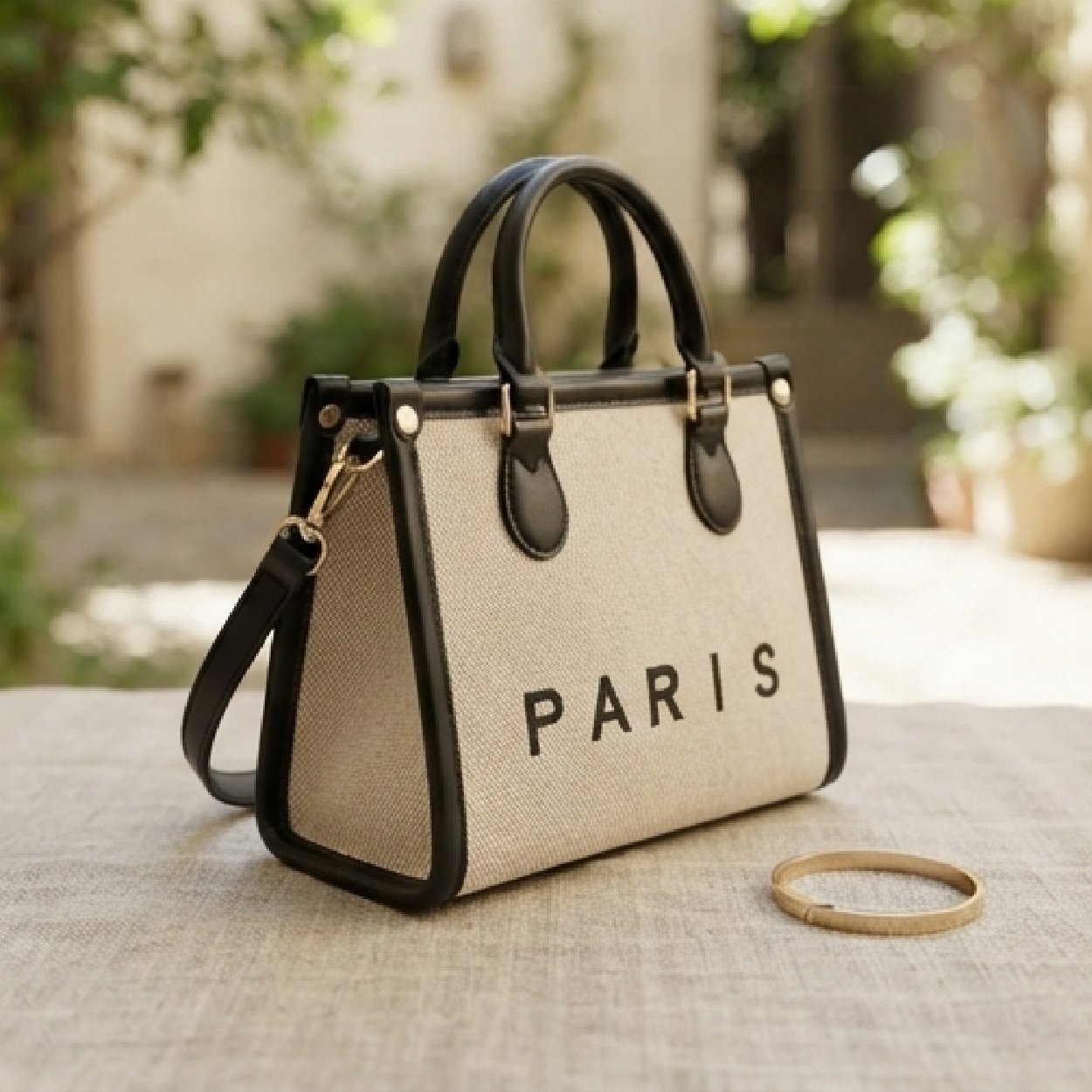 001-24 Paris Chic Canvas Tote-Beige and Black - Image 1