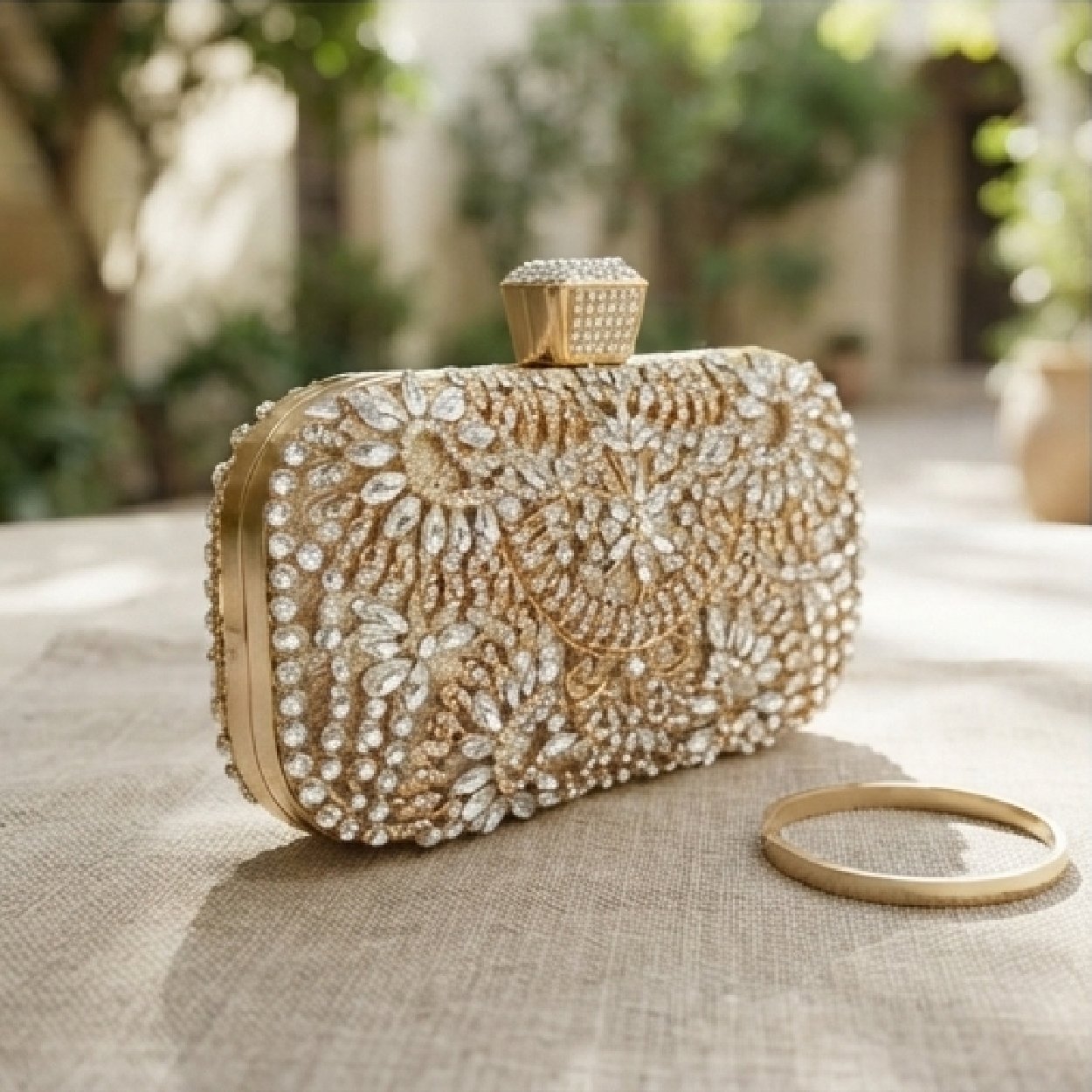 001-33 Radiant Crystal-Embellished Evening Clutch-Champagne Gold - Image 1