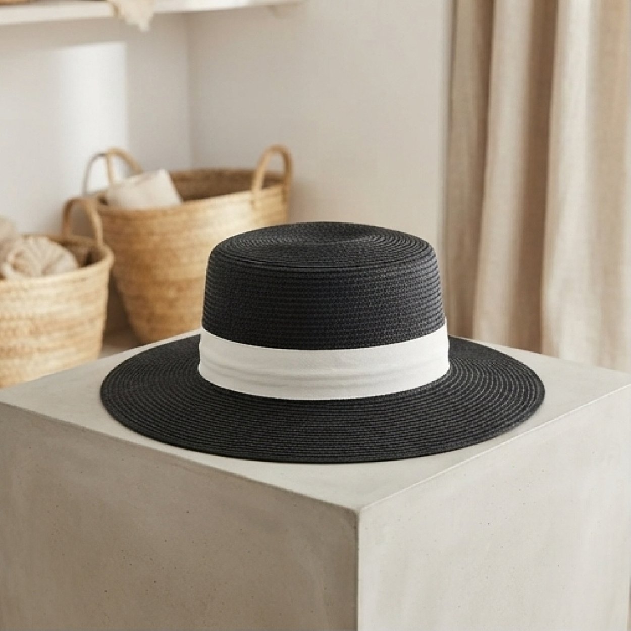 001-34 Modern Contrast-Band Straw Boater Hat - Image 1