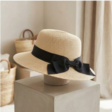 Classic Ribbon-Trimmed Straw Fedora-Natural Straw with Black Ribbon