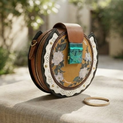 Whimsical Floral Circular Statement Bag-Tan and White with Floral Accents