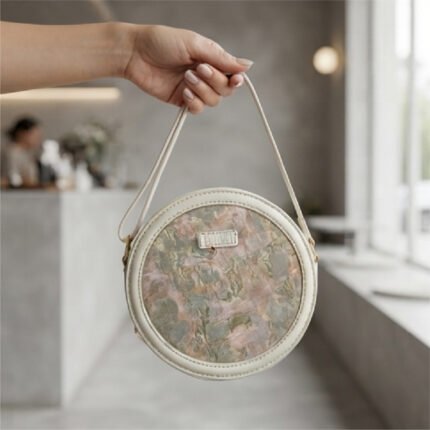 Floral Brocade Circular Crossbody Bag-Pastel Floral and Cream Trim