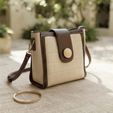 Elegant Two-Tone Croc-Effect Crossbody-Cream and Brown