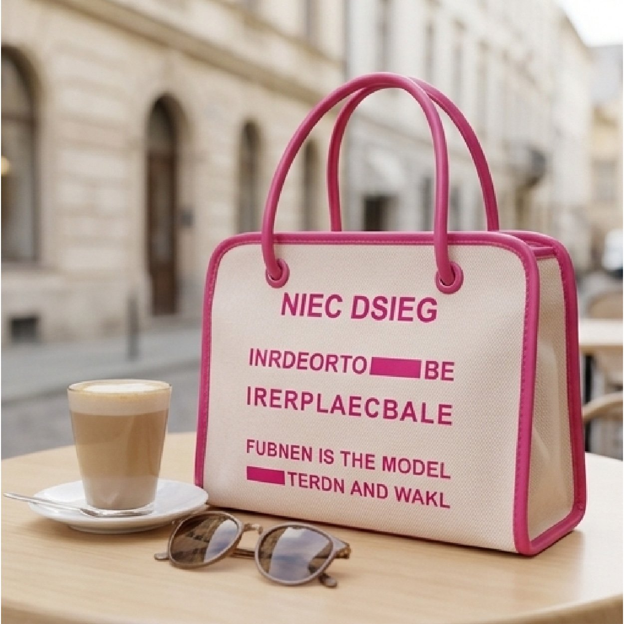 002-12 Vibrant Graphic Canvas Tote-Cream with Hot Pink Accents - Image 1