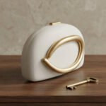 Sculptural Gold-Accent Minimalist Clutch-Off-White with Gold