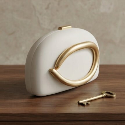 Sculptural Gold-Accent Minimalist Clutch-Off-White with Gold