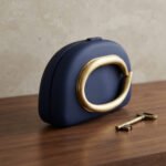 Sculptural Gold-Accent Minimalist Clutch-Navy Blue with Gold - Image 2