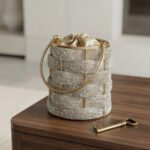 Crystal-Embellished Woven Bucket Bag-Silver Rhinestone with Champagne Satin Pouch
