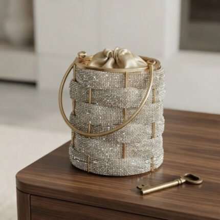 Crystal-Embellished Woven Bucket Bag-Silver Rhinestone with Champagne Satin Pouch
