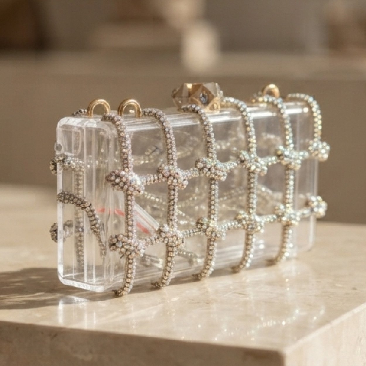 03-13 Crystal-Grid Lucite Evening Clutch-Clear Lucite with Silver Crystal Accents - Image 1