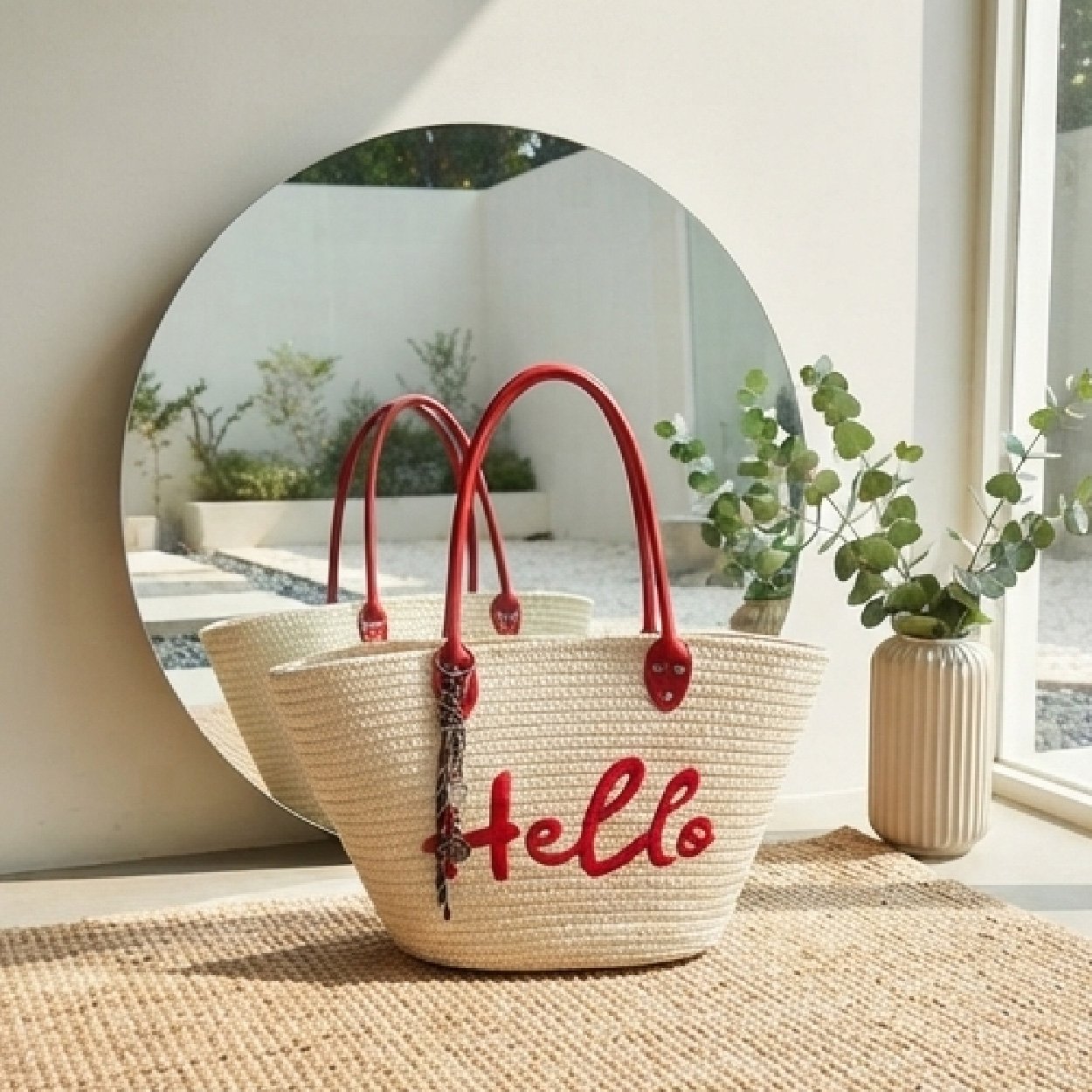 03-13 Hello Straw Summer Tote-Natural Off-White with Red Accents - Image 1