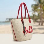 Hello Straw Summer Tote-Natural Off-White with Red Accents - Image 3