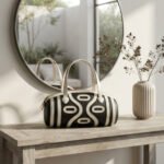 Geometric Contrast Barrel Bag-Black and Cream