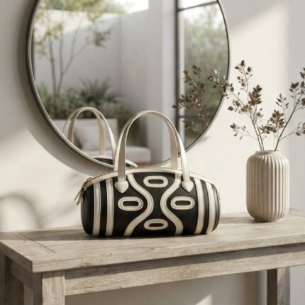 Geometric Contrast Barrel Bag-Black and Cream