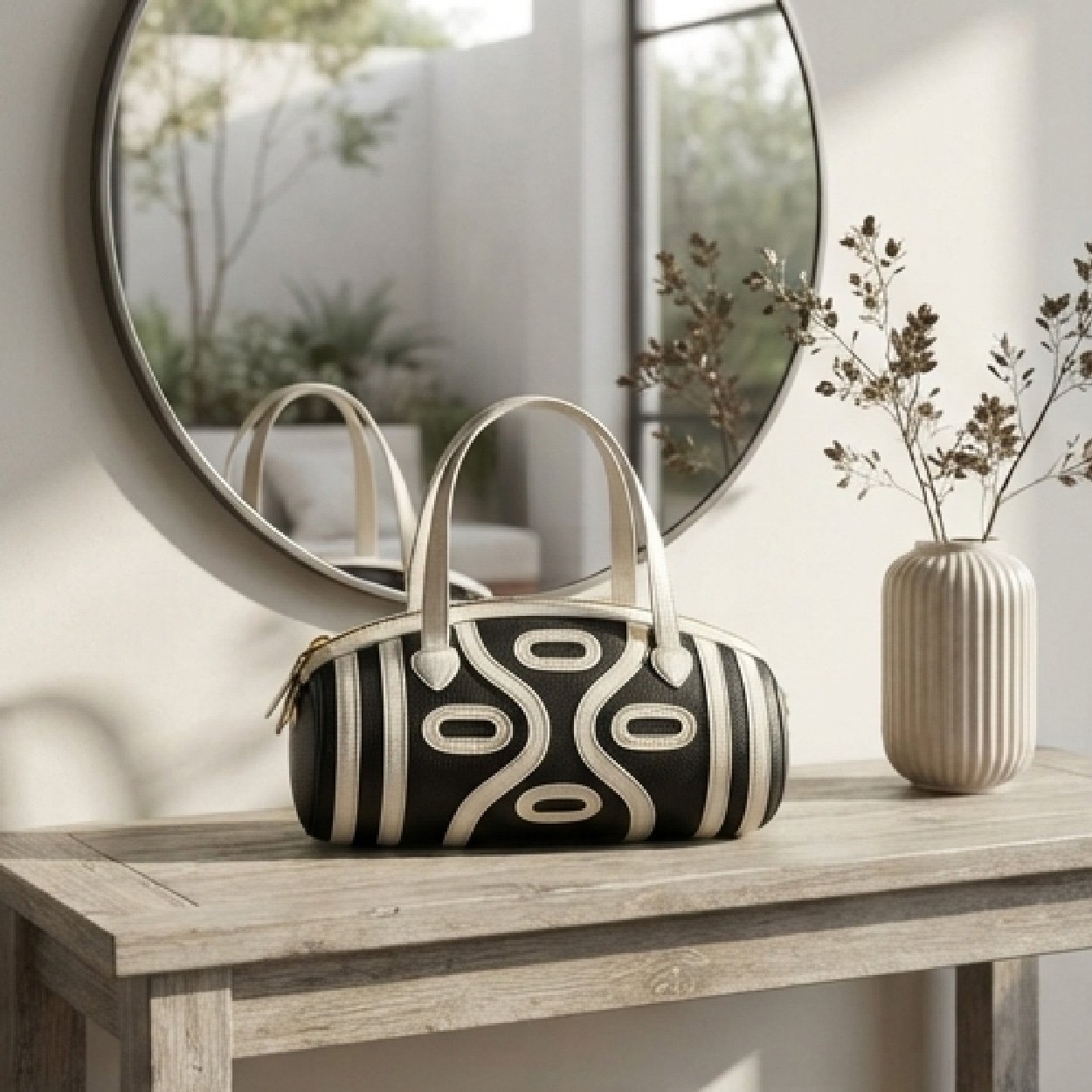 03-20 Geometric Contrast Barrel Bag-Black and Cream - Image 1