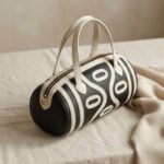Geometric Contrast Barrel Bag-Black and Cream - Image 3