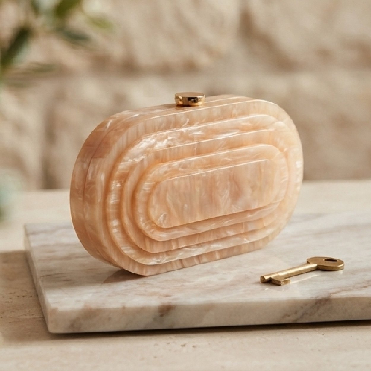 03-25 Art Deco Marble-Effect Acrylic Clutch-Soft Beige Marble - Image 1