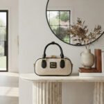 Canvas & Leather Mini Bowling Bag-Beige and Black