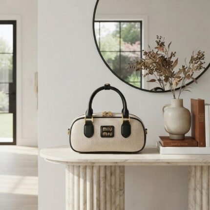 Canvas & Leather Mini Bowling Bag-Beige and Black