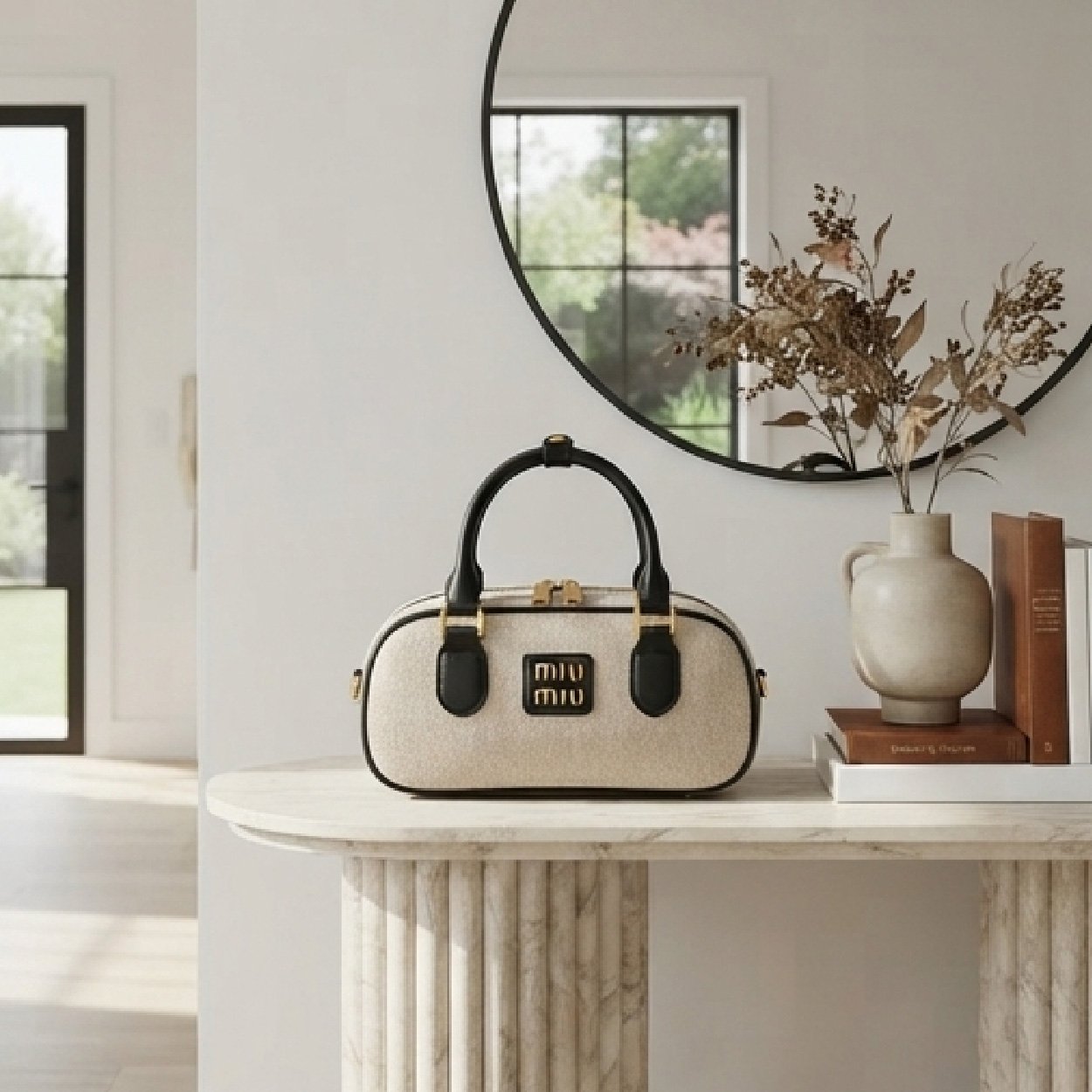 03-25 Canvas & Leather Mini Bowling Bag-Beige and Black - Image 1