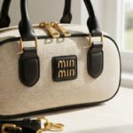 Canvas & Leather Mini Bowling Bag-Beige and Black - Image 2