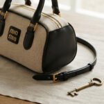 Canvas & Leather Mini Bowling Bag-Beige and Black - Image 3