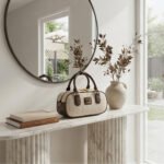 Canvas & Leather Mini Bowling Bag-Beige and Dark Brown