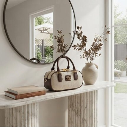 Canvas & Leather Mini Bowling Bag-Beige and Dark Brown
