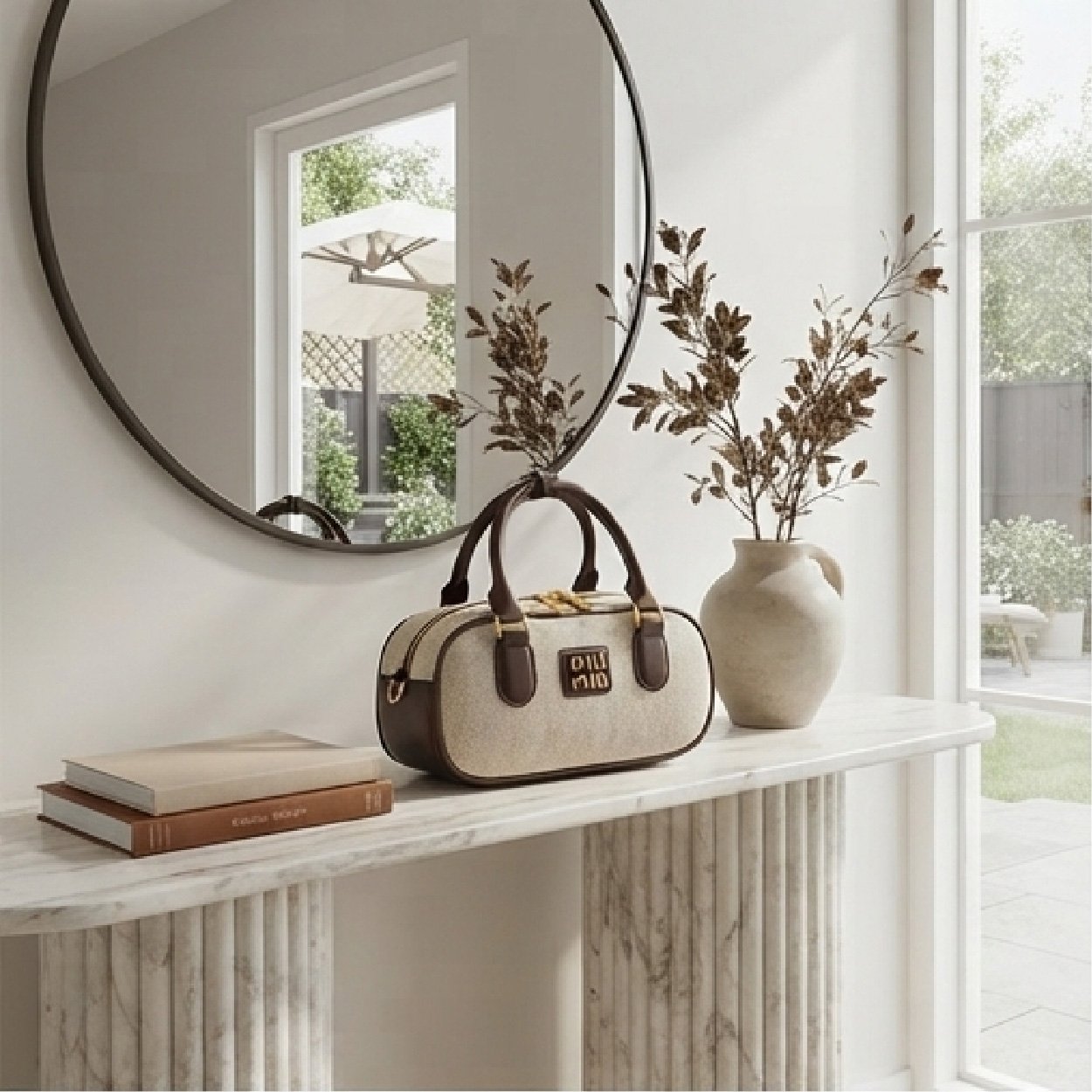 03-28 Canvas & Leather Mini Bowling Bag-Beige and Dark Brown - Image 1