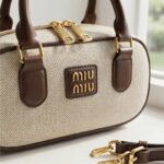 Canvas & Leather Mini Bowling Bag-Beige and Dark Brown - Image 2