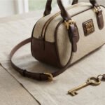 Canvas & Leather Mini Bowling Bag-Beige and Dark Brown - Image 3