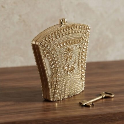 Art Deco Crystal Fan Clutch-Radiant Gold with Clear Crystal Embellishments