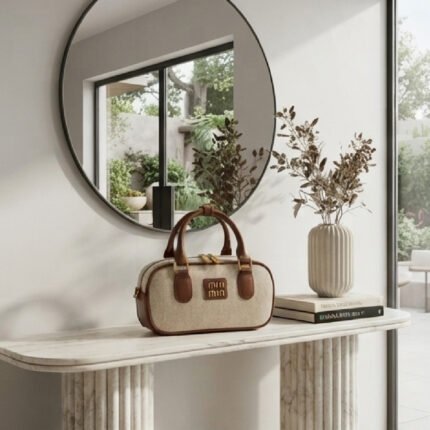 Canvas & Leather Mini Bowling Bag-Beige and Brown