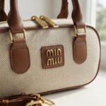 Canvas & Leather Mini Bowling Bag-Beige and Brown - Image 2