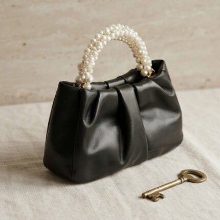 Pearl-Handle Pleated Evening Bag-Classic Black