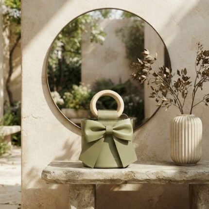Whimsical Bow-Front Wooden Handle Bucket Bag-Sage Green