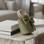 Whimsical Bow-Front Wooden Handle Bucket Bag-Sage Green - Image 3