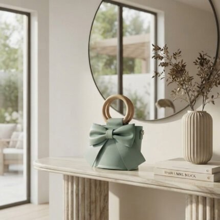 Whimsical Bow-Front Wooden Handle Bucket Bag-Mint Green