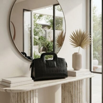 Modern Croc-Embossed Structured Satchel-Classic Black