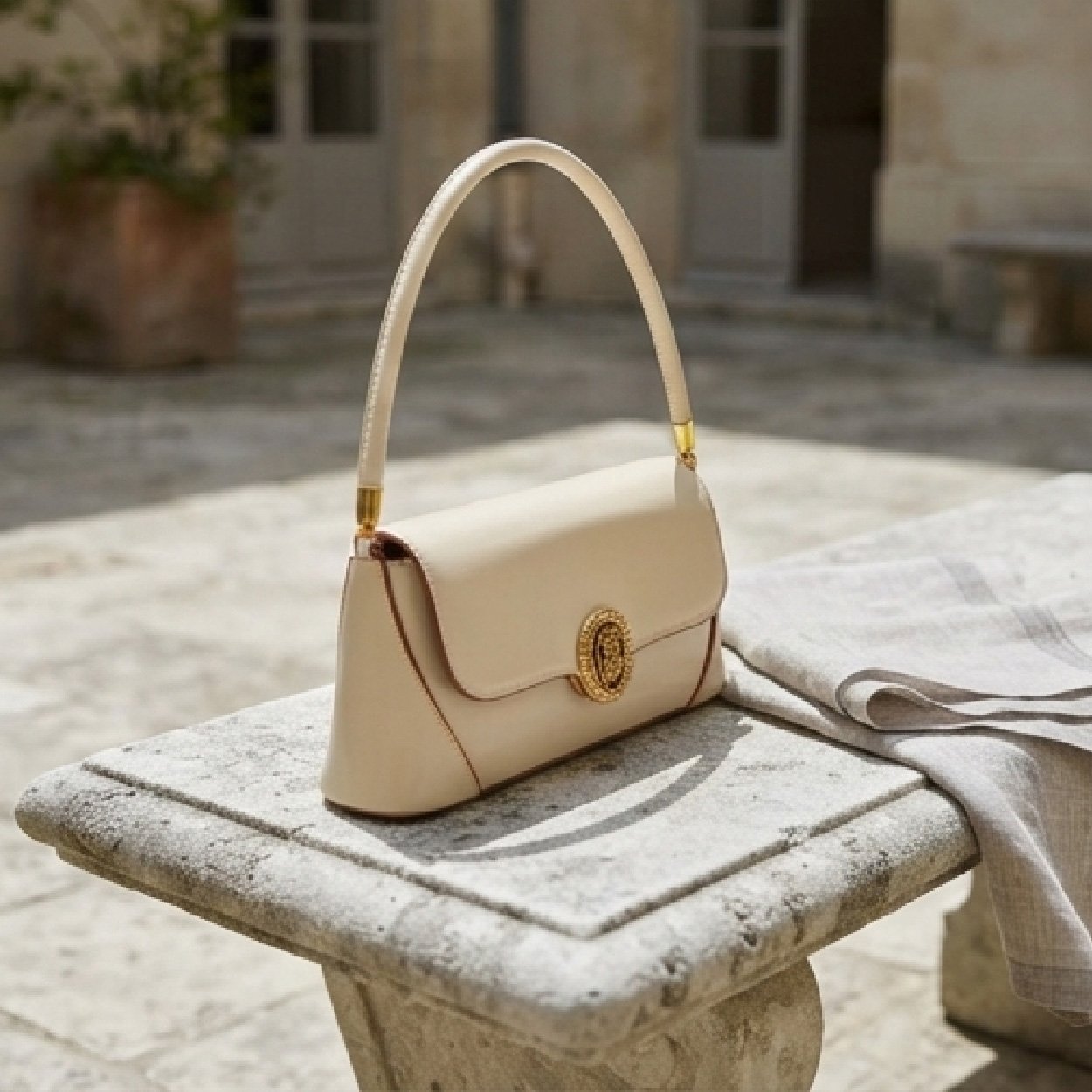 03-45 Vintage-Inspired Medallion Shoulder Bag-Creamy Ivory - Image 1