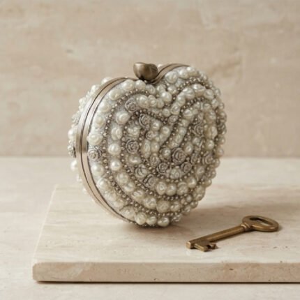 Pearl-Encrusted Heart Evening Clutch-Cream Pearl and Silver-Tone Hardware