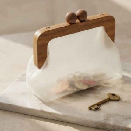 Artisanal Translucent Wooden Frame Pouch-Frosted White and Natural Wood