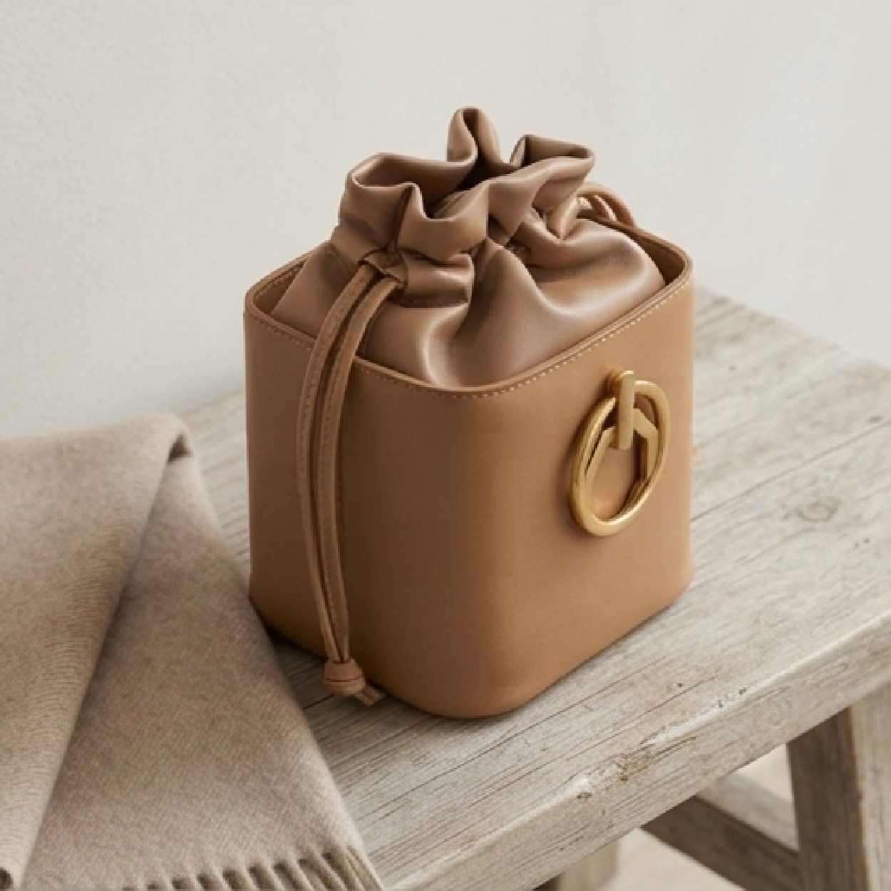 03.1-21 Modern Minimalist Drawstring Bucket Bag-Warm Tan - Image 1