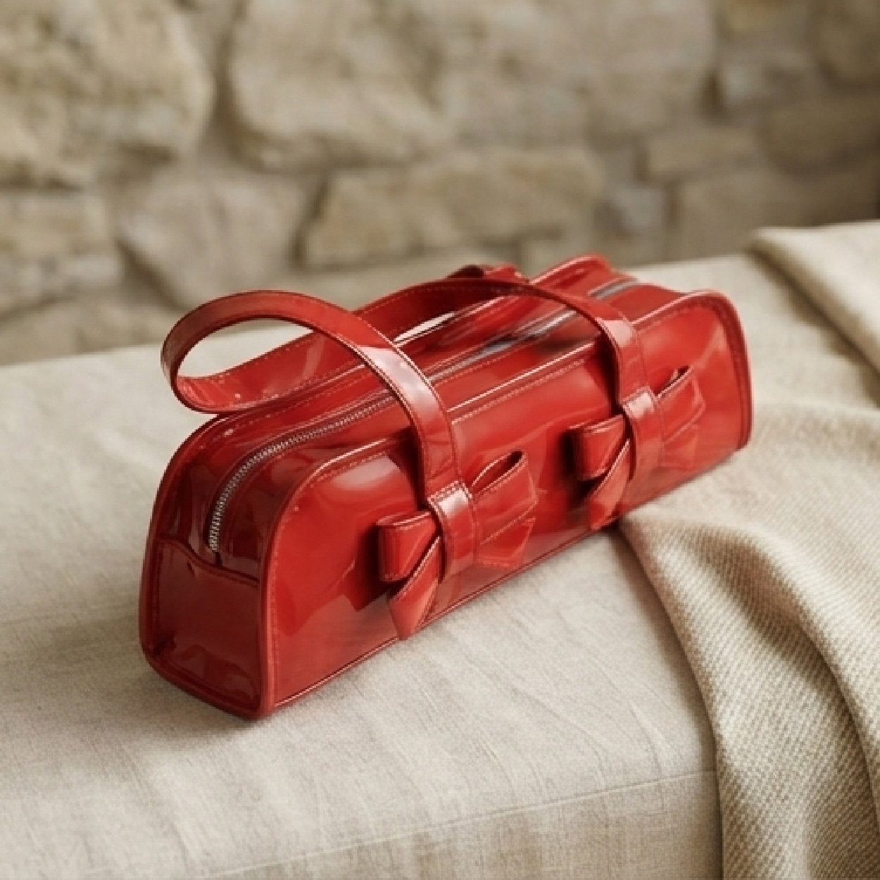 03.1-45 Bow-Embellished Patent Barrel Handbag-Glossy Red - Image 1