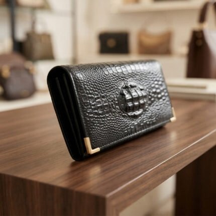 Croc-Embossed Luxe Continental Wallet-Classic Black