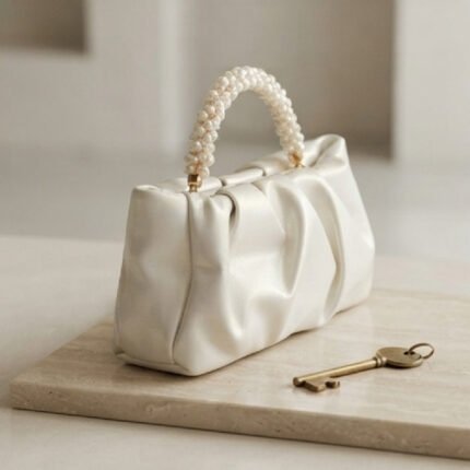 Pearl-Handle Pleated Evening Bag-Pristine White